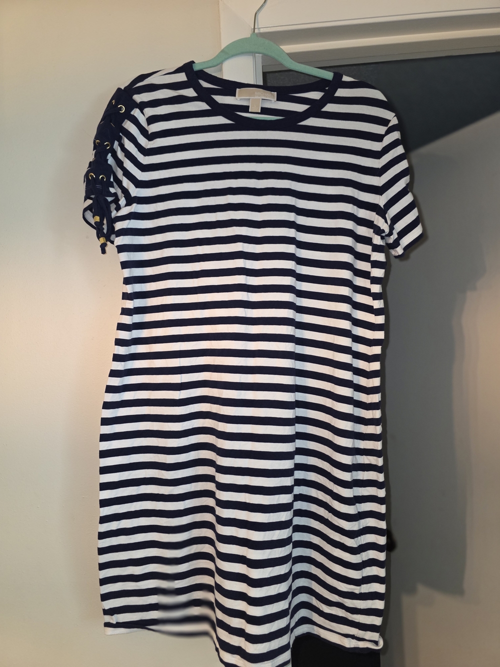 Michael Kors Navy and White Striped Dress with Eyelet Lace-Up Sleeve